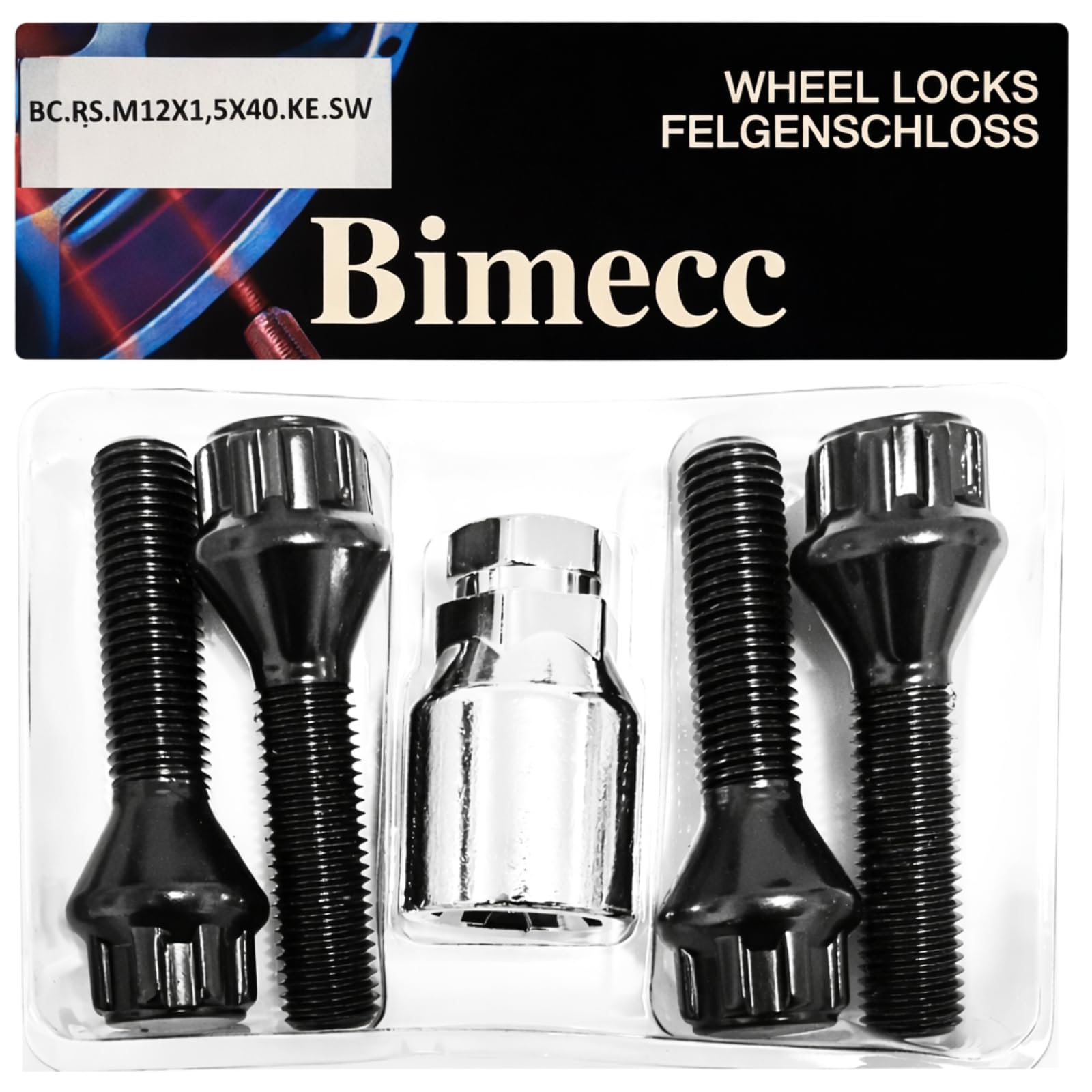 Lot de 4 écrous de jante M12 x 1,5 x 40 mm - Cône 60° - 4 serrures de jante noires - Sécurité anti-vol - Protection contre le vol