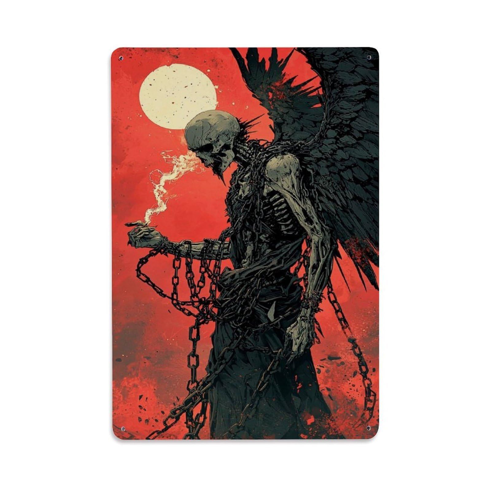 Dark Gothic Reaper Fallen Angel Skeleton Spiritual Symbol Metal Tin Sign Plaque Wall Decor for Cafe, Man Cave, Club Bar, Office, Home Garden Round Metal Poster 8x12Inch