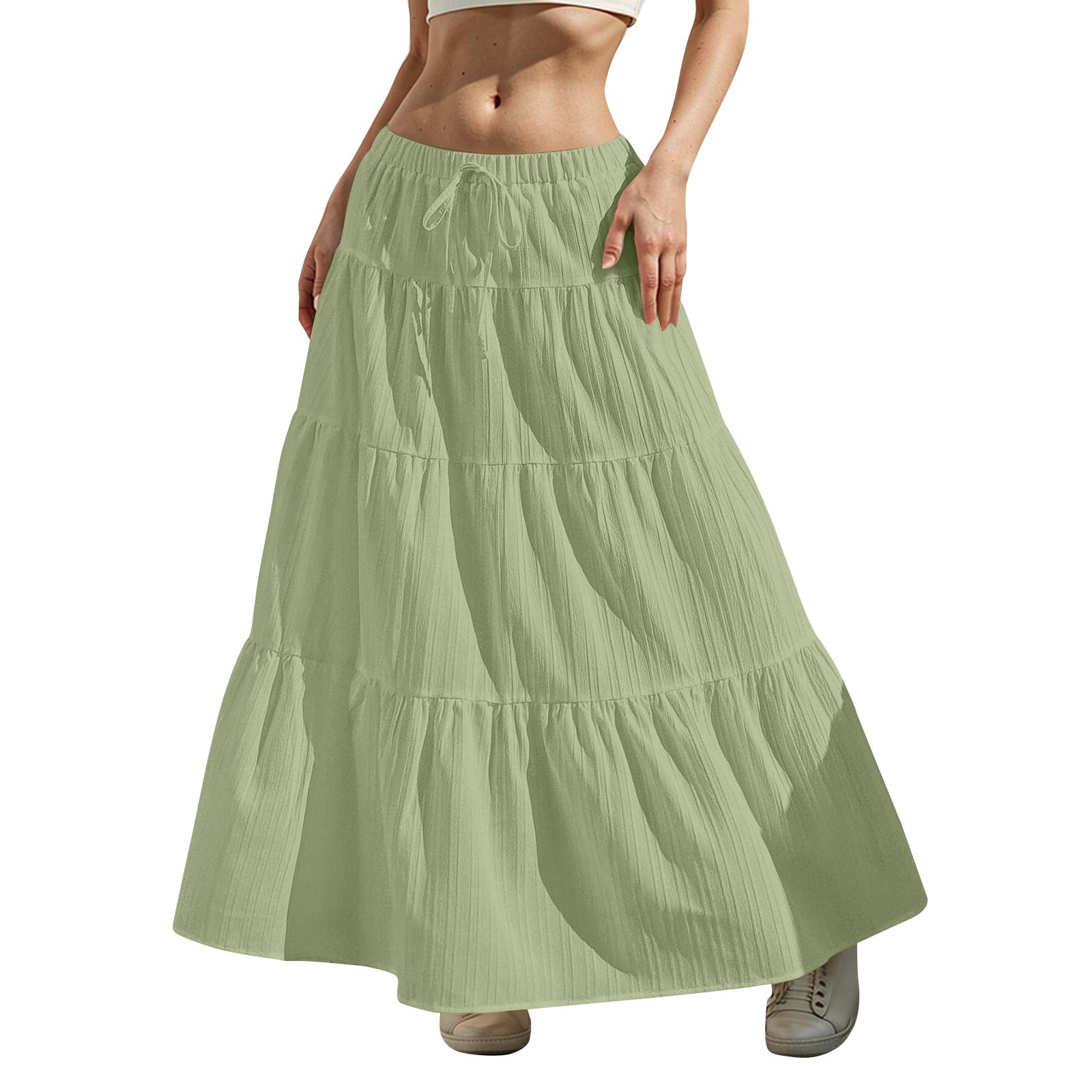 Tiered Long Skirts for Women Summer Vacation A-Line Pleated Skirt Drawstring High Waisted Flowy Swing Maxi