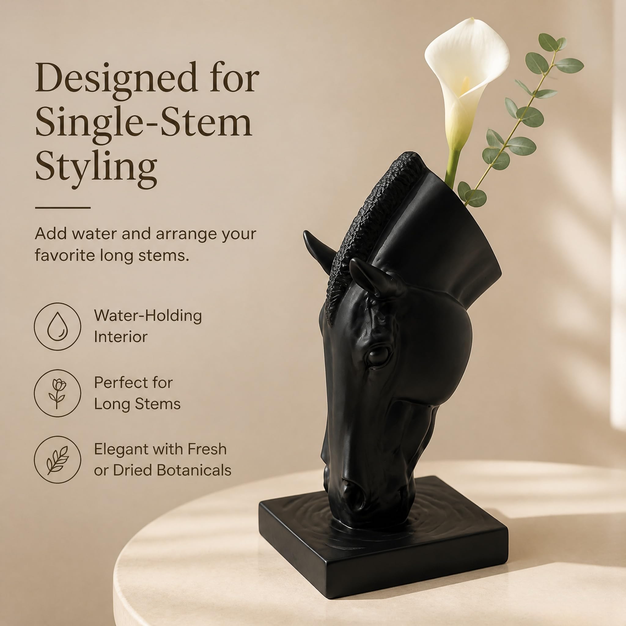 Pferdekopf Vase Schwarz Pferd Statue Harz Blumenvase Minimalistische Dekorative Vase für Garten Terrasse Wohnzimmer Elegantes Geschenk
