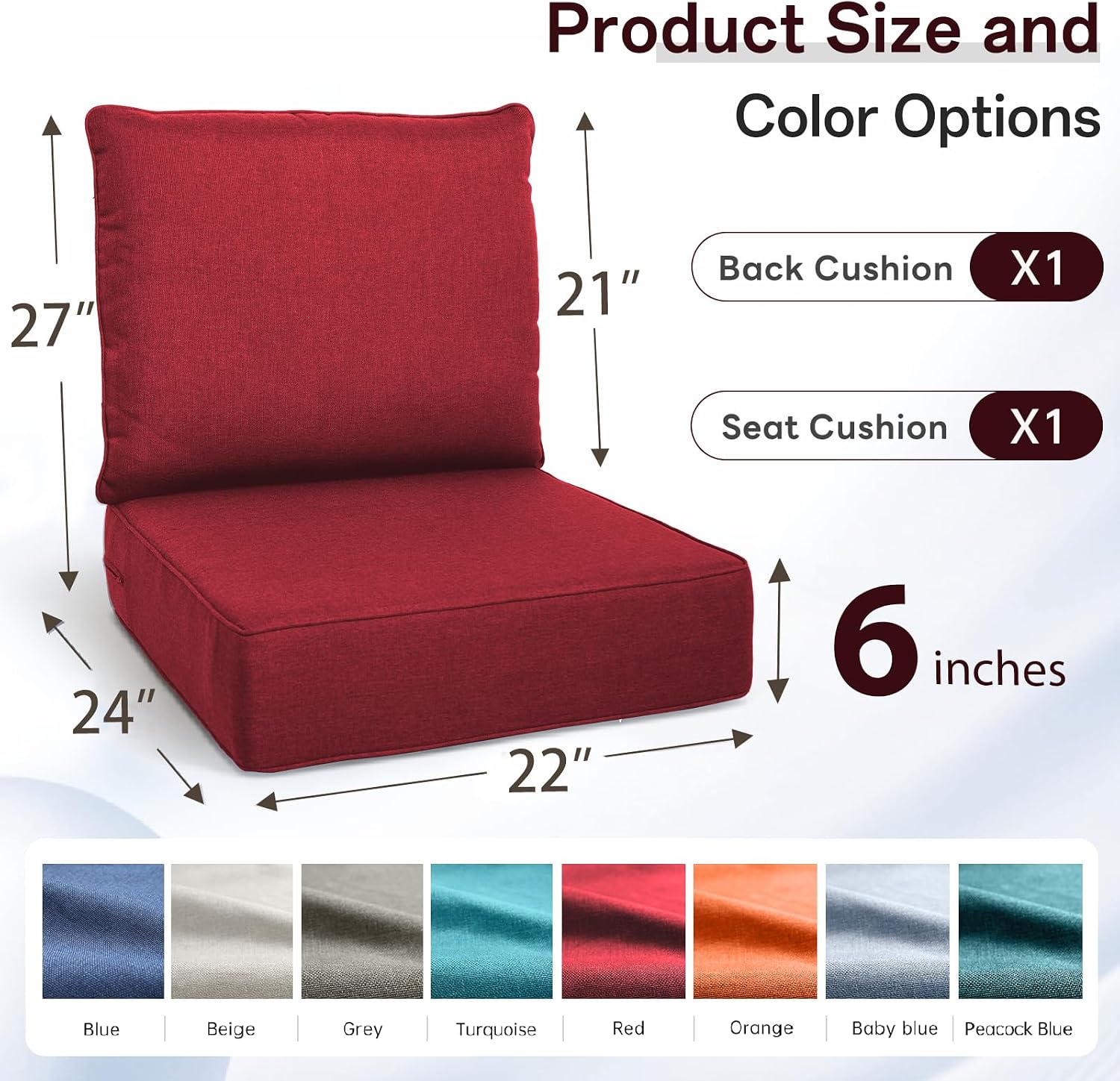 Luxury 6" Thick Outdoor Cushion Set 12-22x24 Patio Furniture Cushions with 28D High-Density Foam, Water-Resistant & Fade-Resistant Fabric, Removable Covers for Patio Furniture Sofa Couch -Red