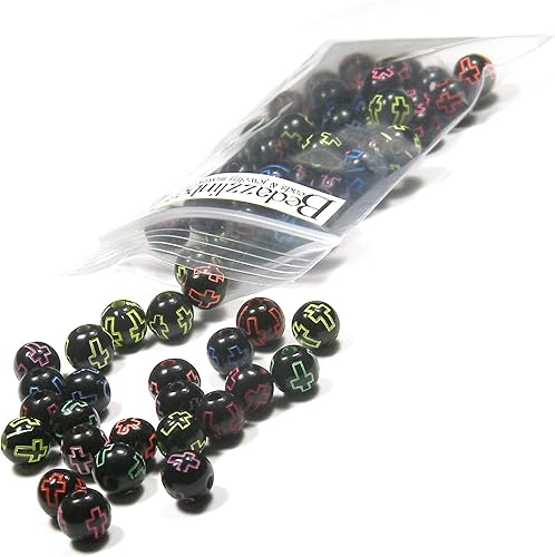 100 cuentas acrílicas de plástico redondas negras de 0.315 in con acento cruzado de colores brillantes surtidos