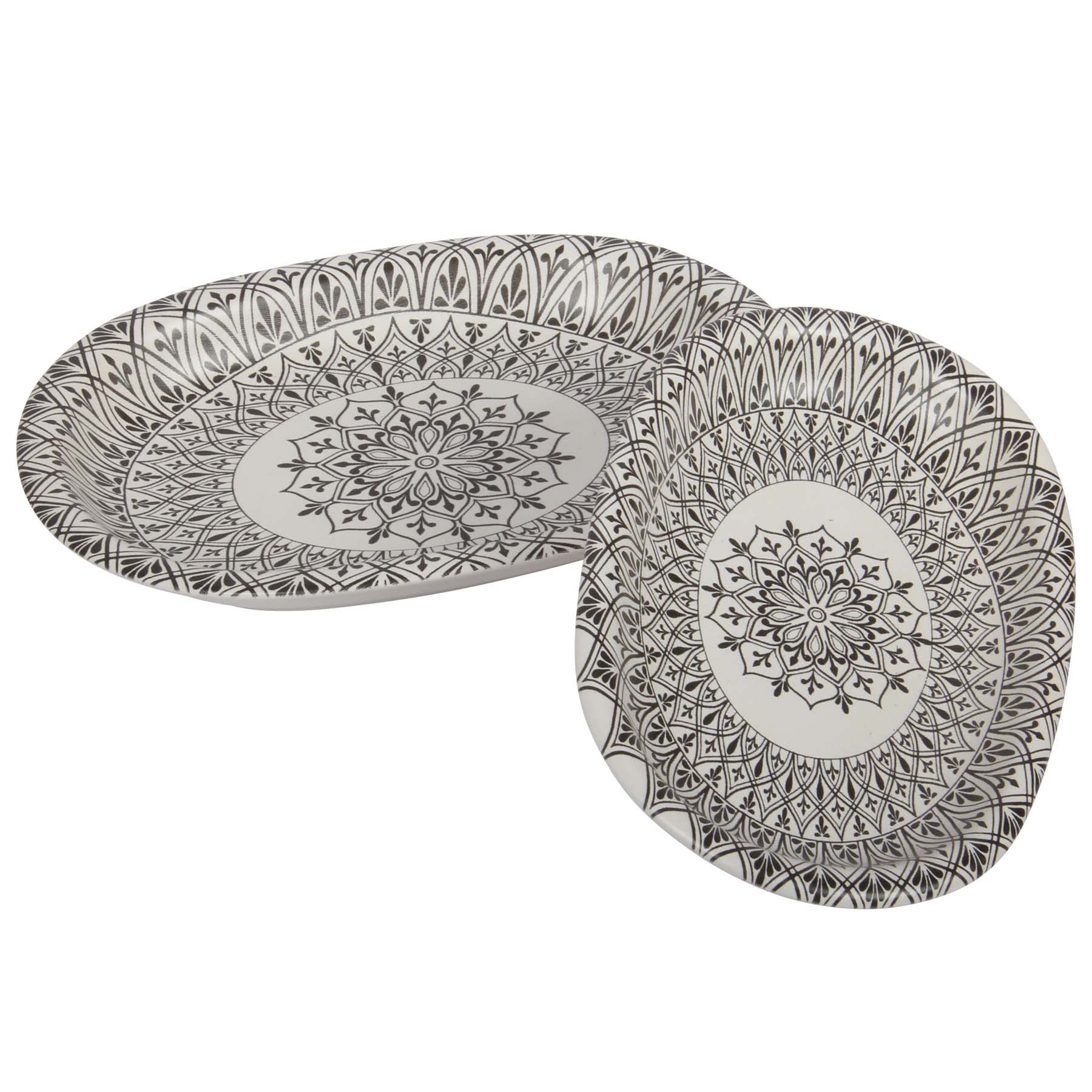 Glasshop 2 Different Sizes Stoneware Serving Platter. Salad Appetizer Dishes. Decorative Pattern & Themes Platter. (Set of 2) (Black Ethnic)