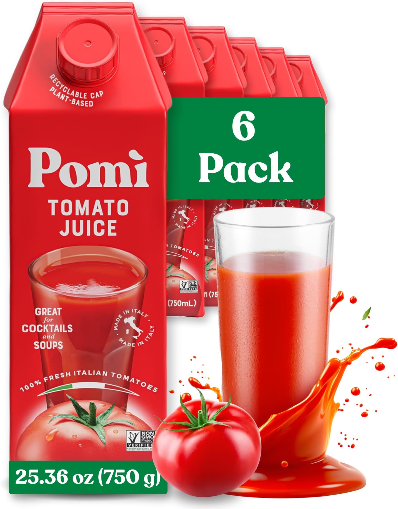 Tomato Juice - Made from 100% Fresh Italian Tomatoes - Low Sodium Tomato Juice - Gluten Free Vegetable Juice - Low Sodium Vegetable Juice - 25.36 fl oz (Pack of 6)