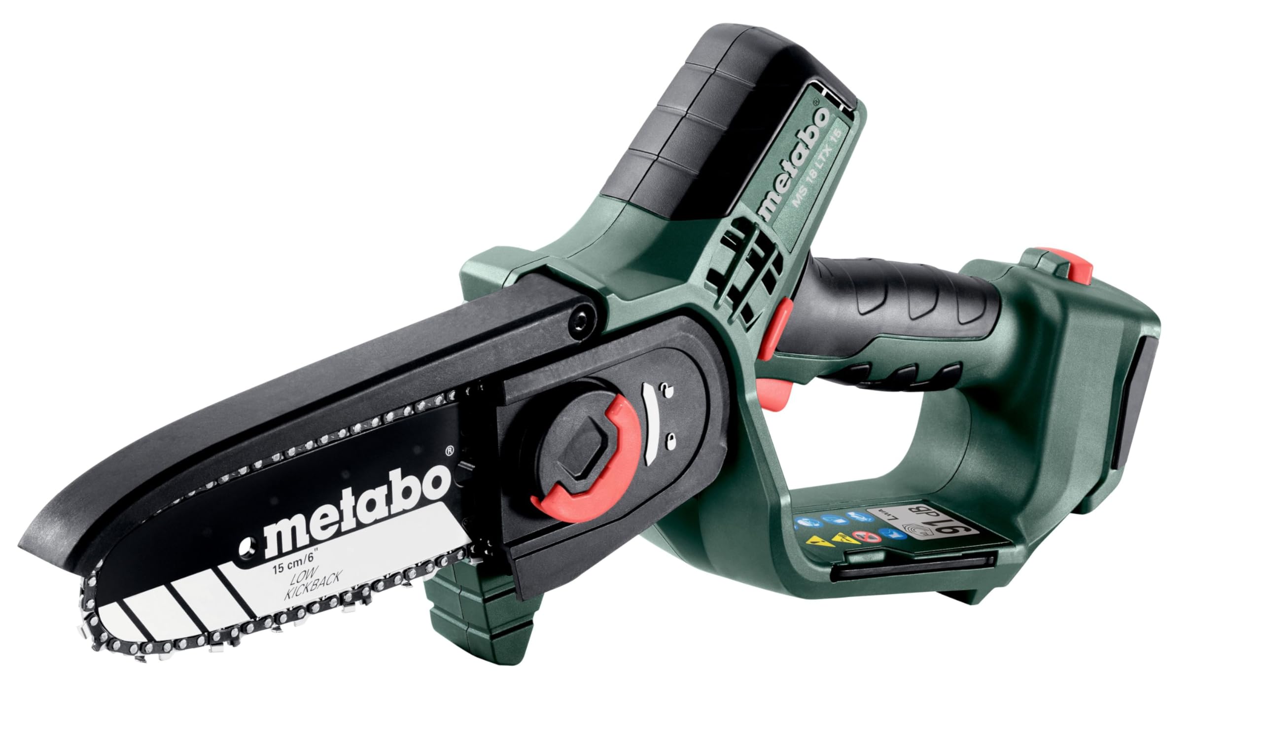 Metabo sega per arbusti a batteria MS 18 LTX 15 – 18V, lama da 15 cm – Ideale per la potatura di alberi e rami verdi, alta velocità della catena – Leggera e maneggevole – Inclusa metaBOX