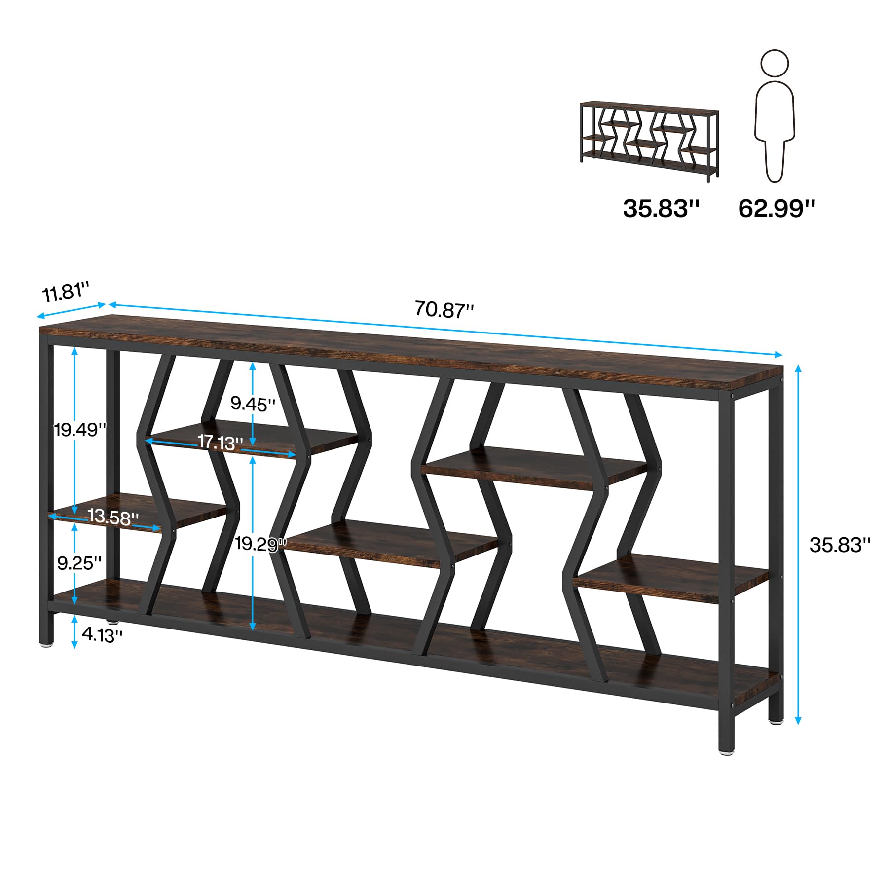 Tribesigns Mesa auxiliar para sofá de 180 cm con estantes de madera de 4 niveles, mesas auxiliares extra largas y estrechas de estilo industrial para pasillo, salón y entrada (marrón rústico)