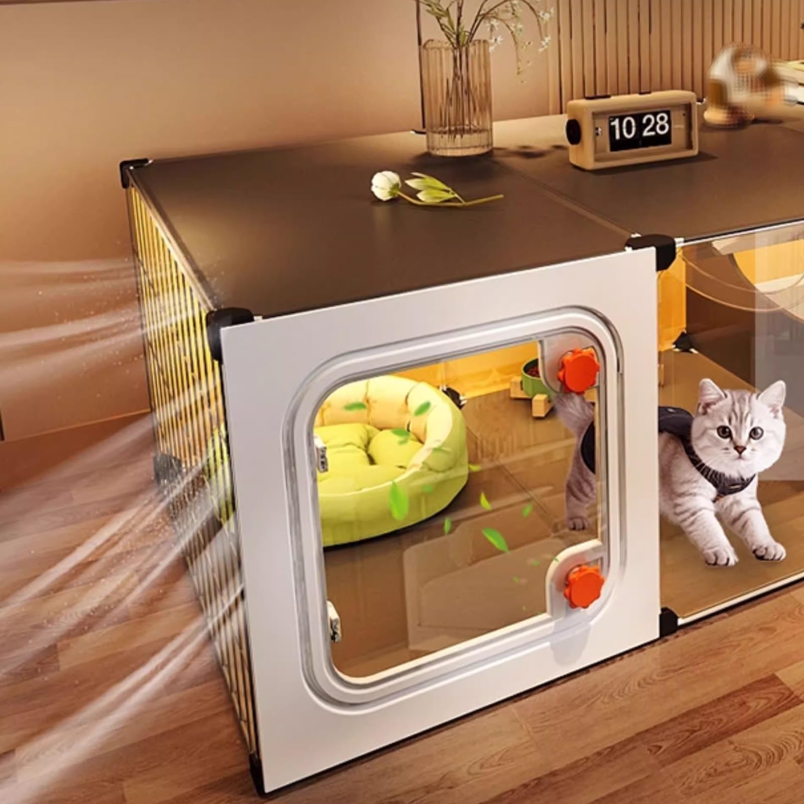 Cage à Chat Intérieure avec Litière Transparent Enclos Spacieux pour 1–2 Chats, Lapin, Petits Animaux, Grande Zone d'exercice pour Chat, Montage Facile(141x46x36CM)