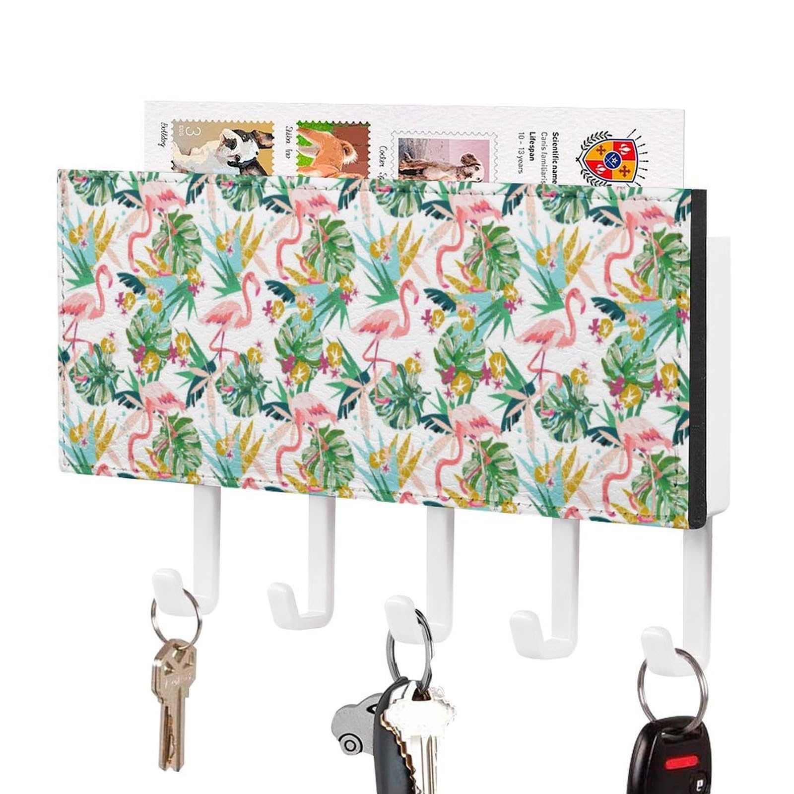 NCLQVJXZKHW Tropical Pink Flamingo Key Holder with 5 Hooks Key Hooks Wall Mounted Key Racks Key Hanger Organiser Shelf