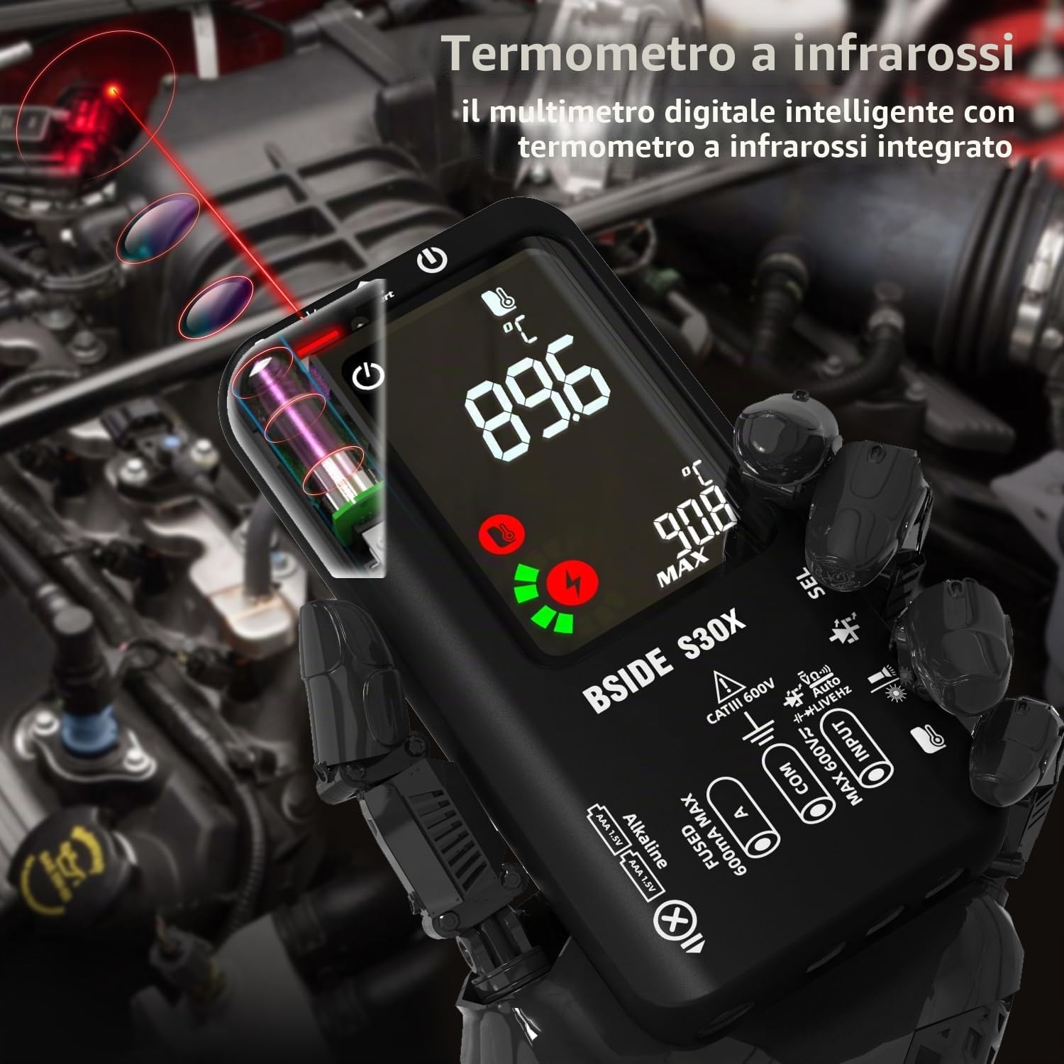BSIDE Kit Multimetro Digitale Intelligente e Rilevatore di Tensione Senza Contatto S30X+X1 con Clip a Coccodrillo Tester di Tensione Corrente Capacità Ohm Continuità Temperatura e Luci LED Cercafase