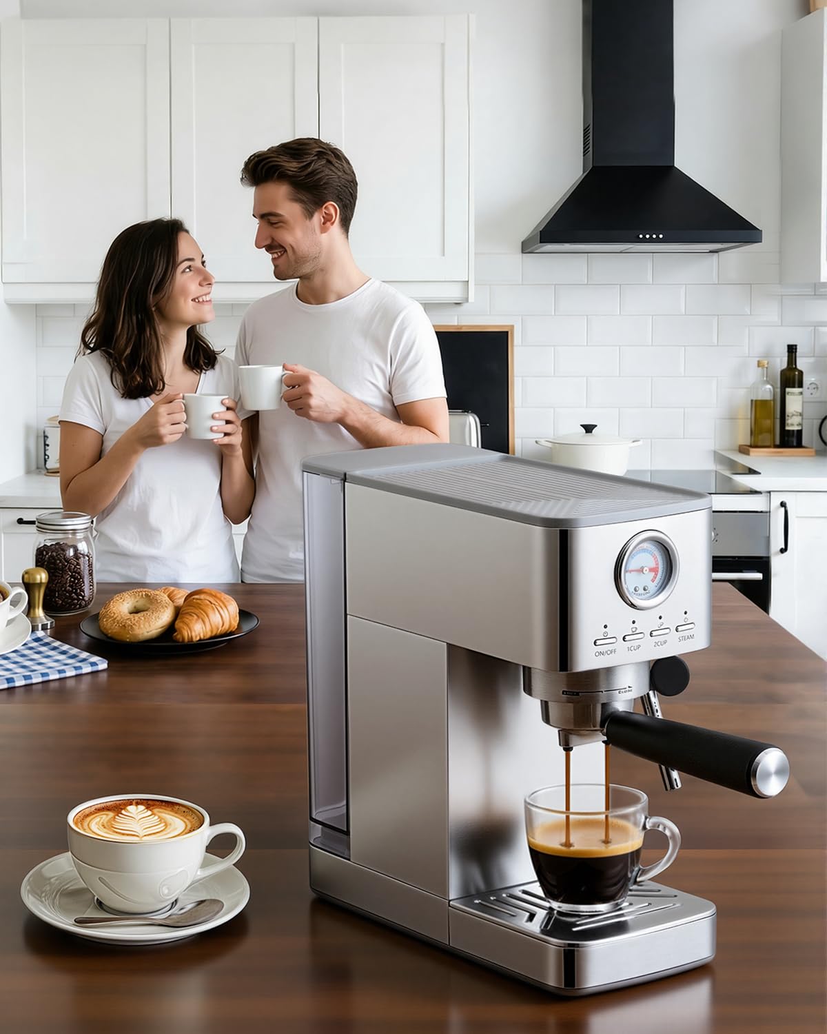 HAUSPROFI Siebträgermaschine Espressomaschine 15 Bar Manometer 1,4L Wassertank Kaffeemaschine Silber
