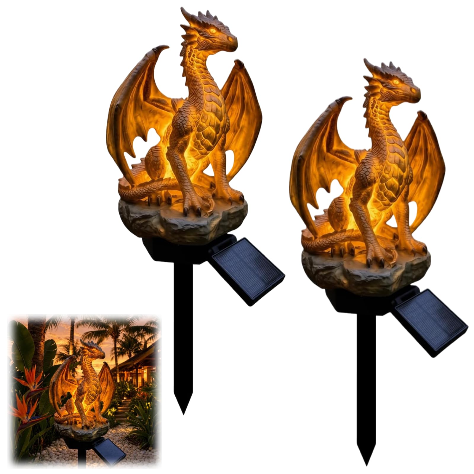 Encomag 2Pcs Solar Dragon Garden Statue With Solar Led Lights, Garden Outdoor Statues Ornaments, Warm Glow Dragon Figurine, Outdoor Lawn Patio Pathway Decor, Yard Ornament (2Pcs)