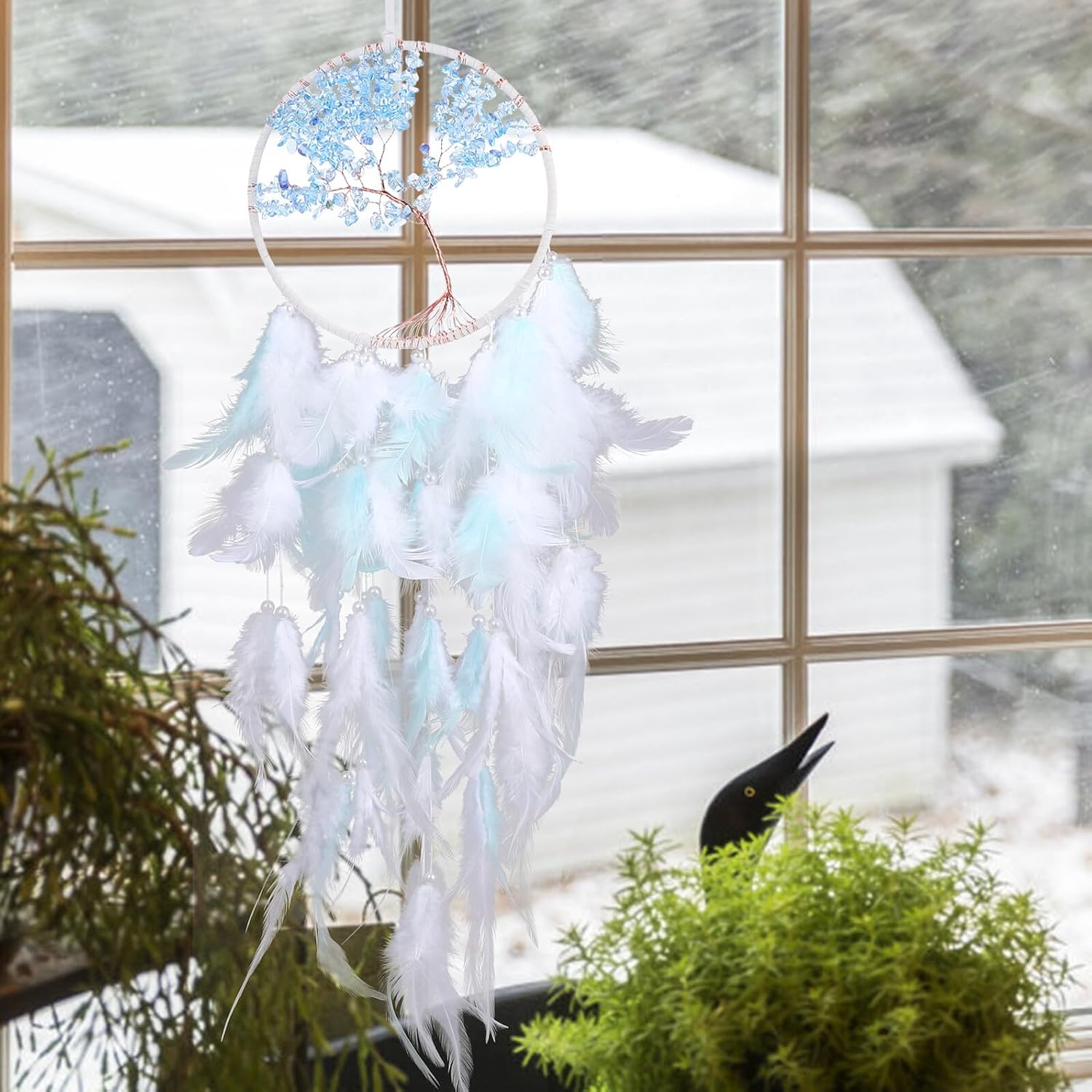 Life Tree Dreamcatcher Pendant with Crystals and Plumes, Handmade Indoor Wall Hanging Decor for Bedroom and Window, Romantic Boho Home Dream Catcher Accent