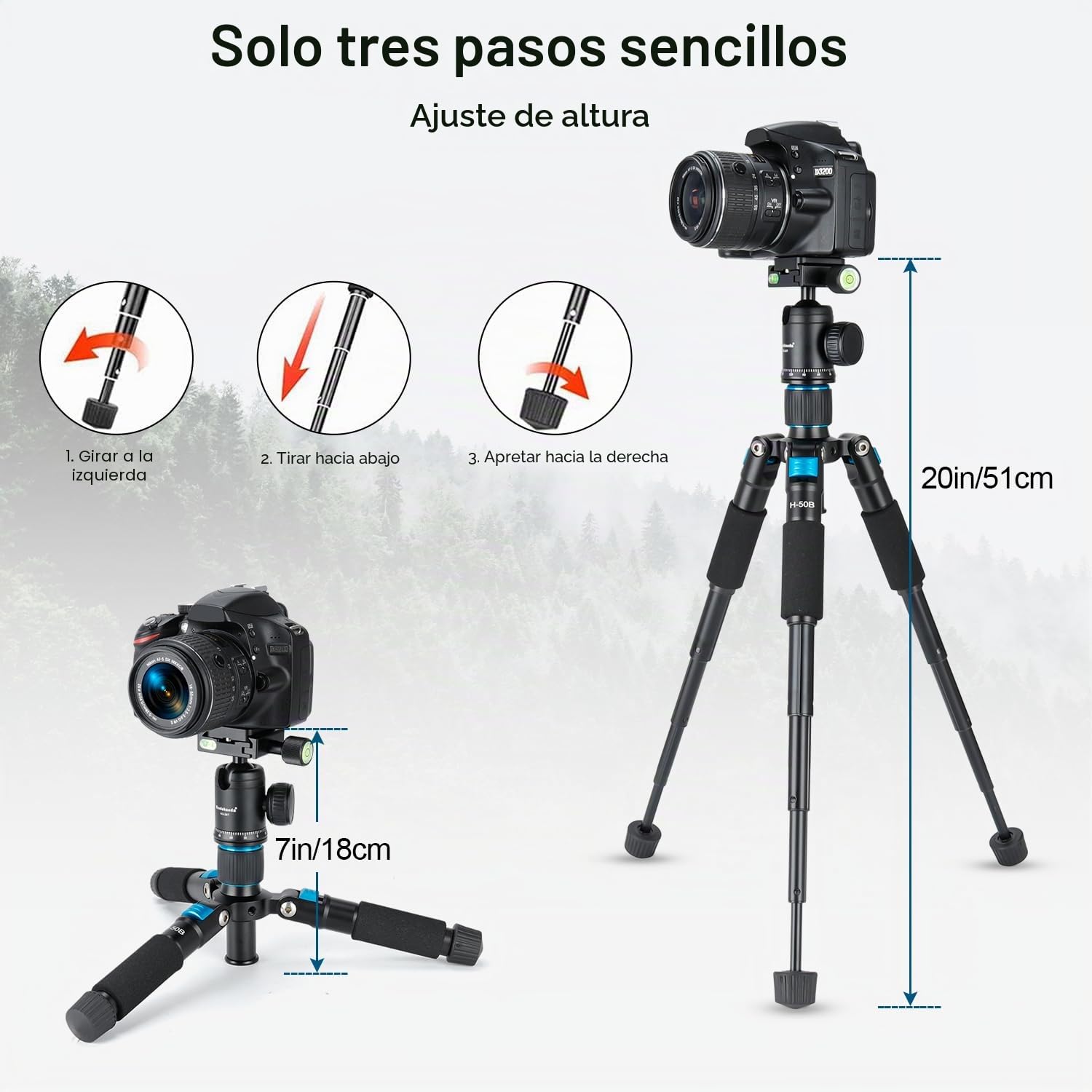Koolehaoda Mini Trípode Portátil de 51cm de Aluminio con Cabeza de Bola de 360 Grados y Bolsa de Transporte para Cámara DSLR, Videocámara de Video, Carga de hasta 5 kg - (Azul)