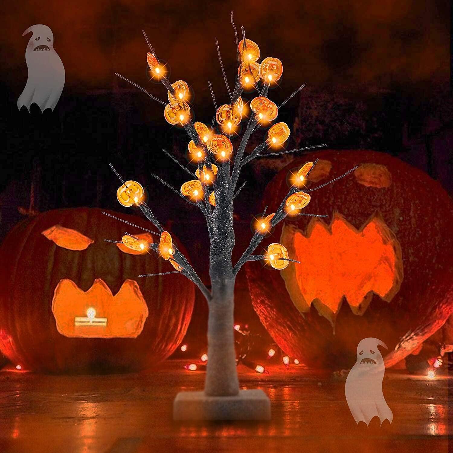 Twinkle Star 24 LED Lighted Halloween Tree, Battery Operated Birch Tree with 24 DIY Pumpkins, Indoor Home Table Desktop Best Halloween Decorations Gift Package
