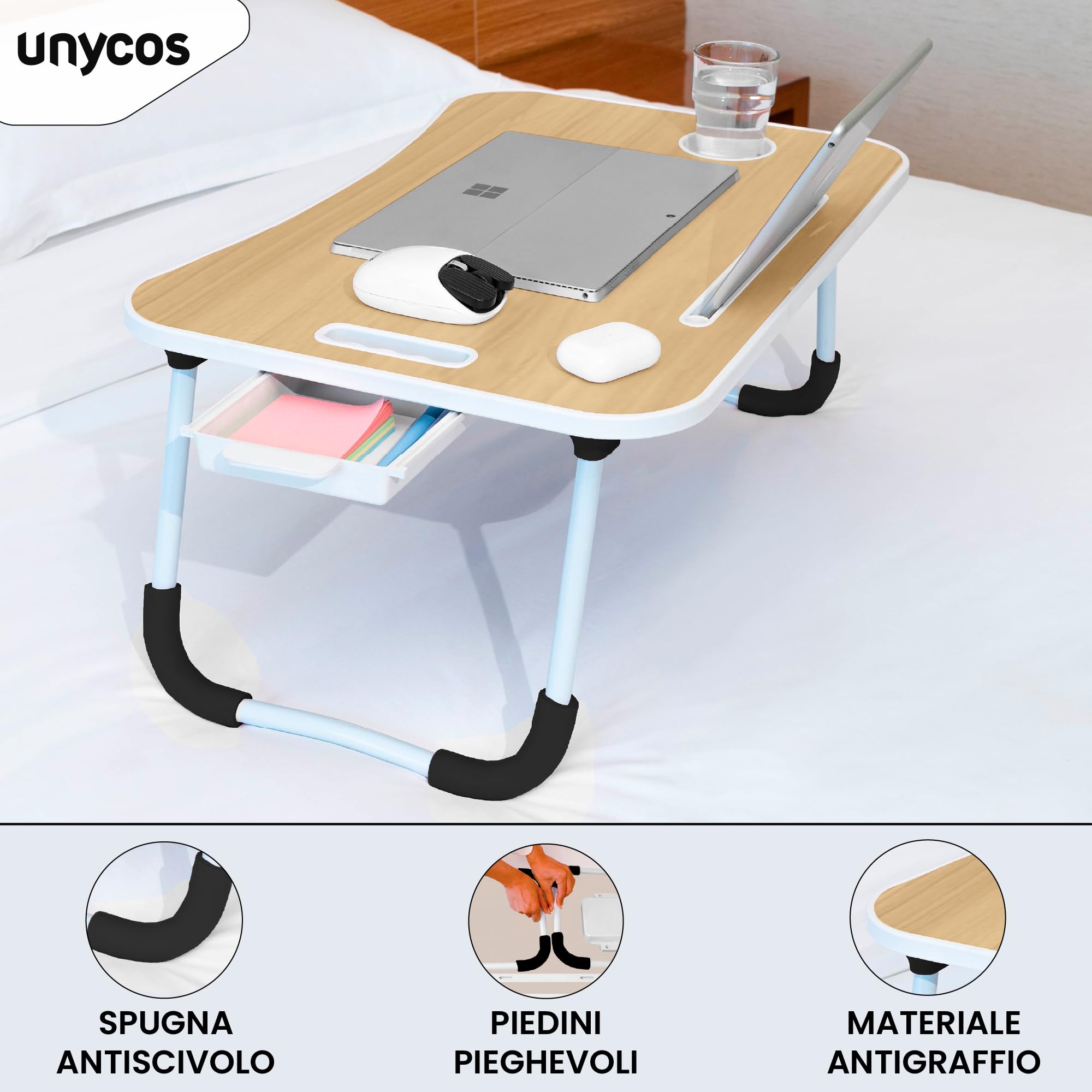 unycos - Vassoio per la Colazione e da Letto【60x40x26 cm】Tavolo Pieghevole con Leggio, Supporto Multifunzionale per Computer Portatile, Tablet, Lavorare, Leggere (Noce con Cassetto)