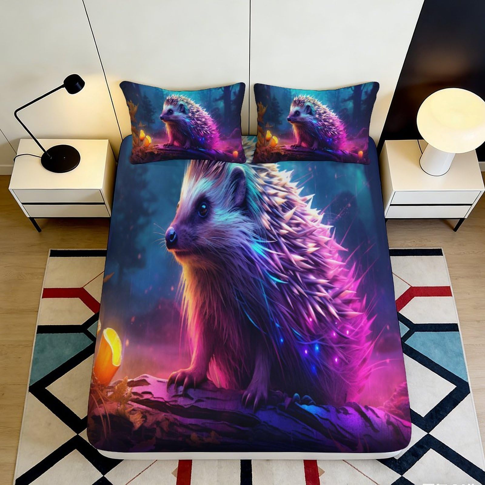 3D Printed Neon Hedgehog Fitted Sheet Microfiber Soft Bed Cover for Bedroom Dorm Mattress Protector Decor 90x200x25cm