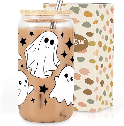 Miniatura 1 de Coolife Taza fantasma de Halloween, vaso de vidrio de 16 onzas con tapas y pajitas, taza de café helado espeluznante para batidos, bonitos regalos
