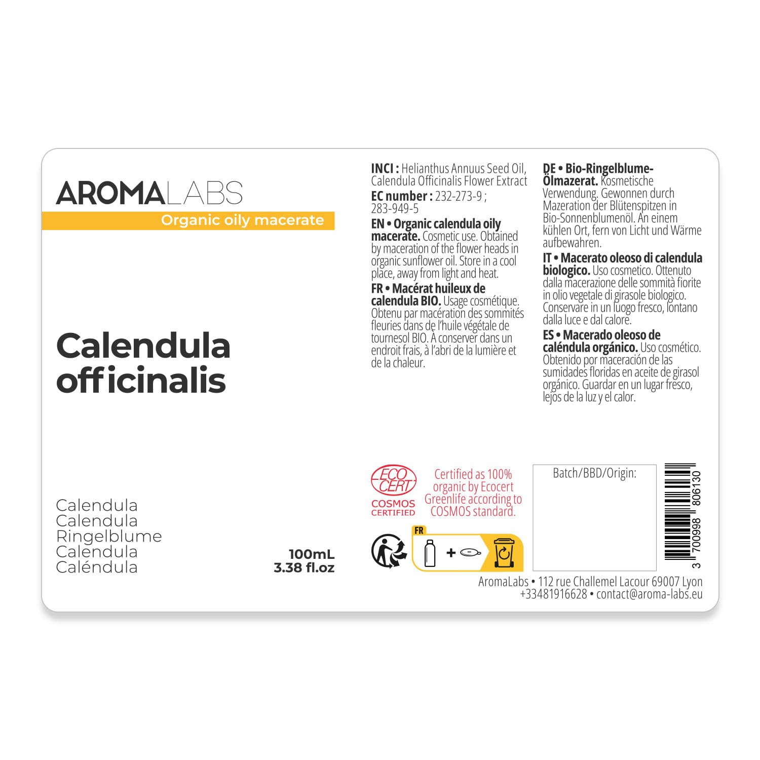 Aceite de Caléndula BIO (Calendula officinalis) - 100 mL - Macerado Oleoso Certificado Cosmos - Aroma Labs