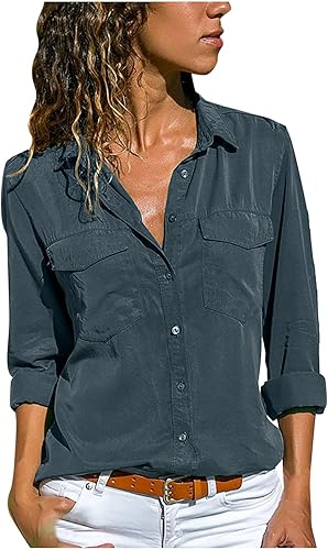 Miniatura 7 de LFEOOST Camisas de manga larga con botones para mujer, blusas casuales de moda con cuello vuelto, blusas de otoño de color liso, camisetas de ajuste