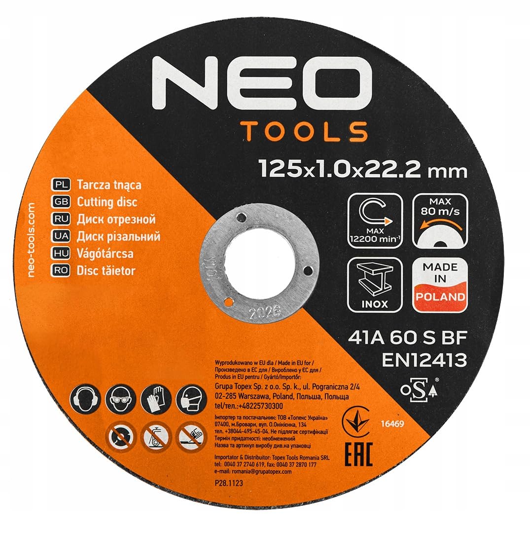 NEO TOOLS Dischi da taglio Ø 125 x 1 x 22,23 mm, 100 pezzi, acciaio inox e acciaio, metallo, acciaio inox, disco flessibile per smerigliatrice angolare, disco per sgrossatura, max. 12 200 giri/min, 80