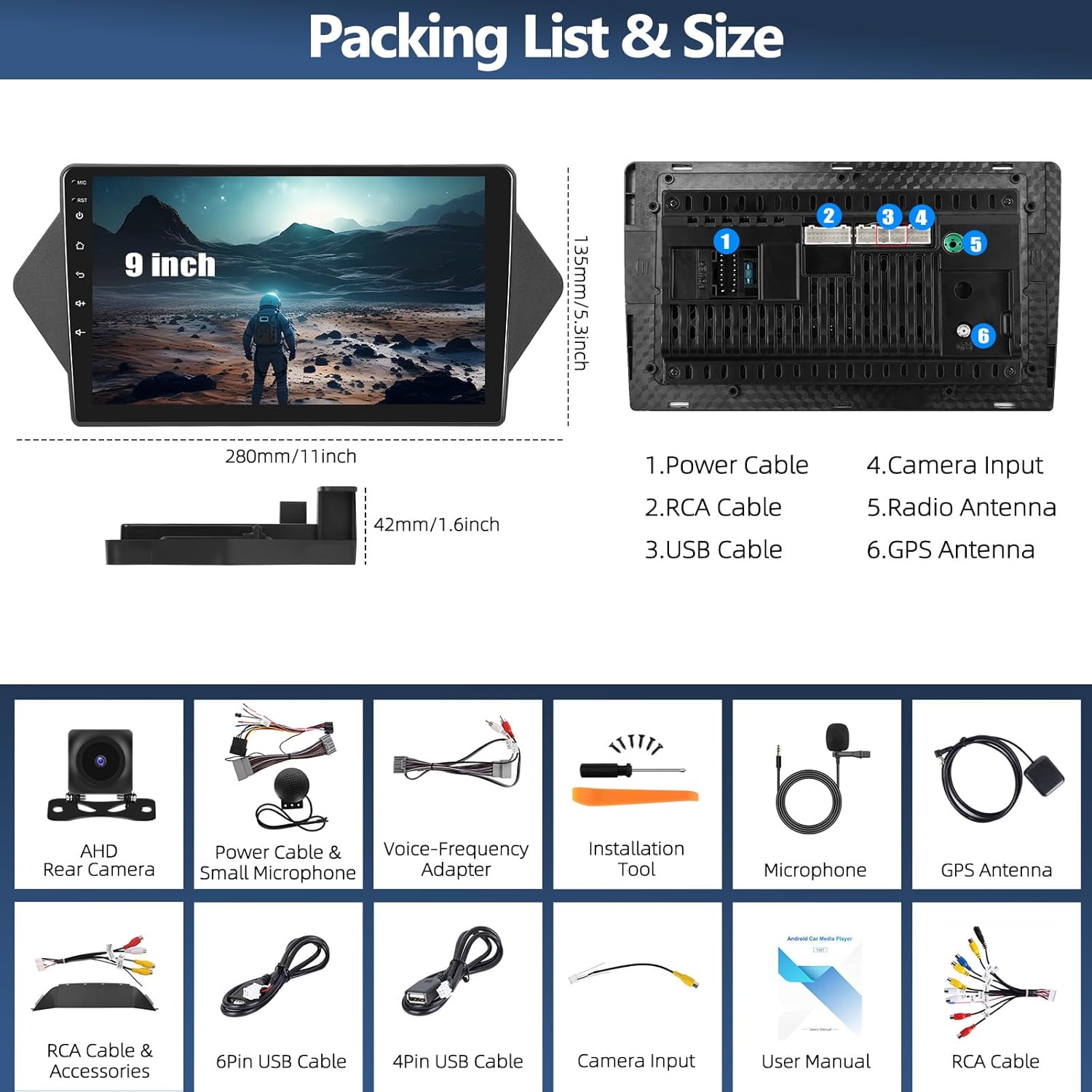 Diagram showing the dimensions of the 9-inch head unit and a detailed view of its rear ports. Below, individual images of all included accessories: AHD Rear Camera, Power Cable & Small Microphone, Voice-Frequency Adapter, Installation Tool, Microphone, GPS Antenna, RCA Cable & Accessories, 6Pin USB Cable, 4Pin USB Cable, Camera Input, User Manual, RCA Cable.