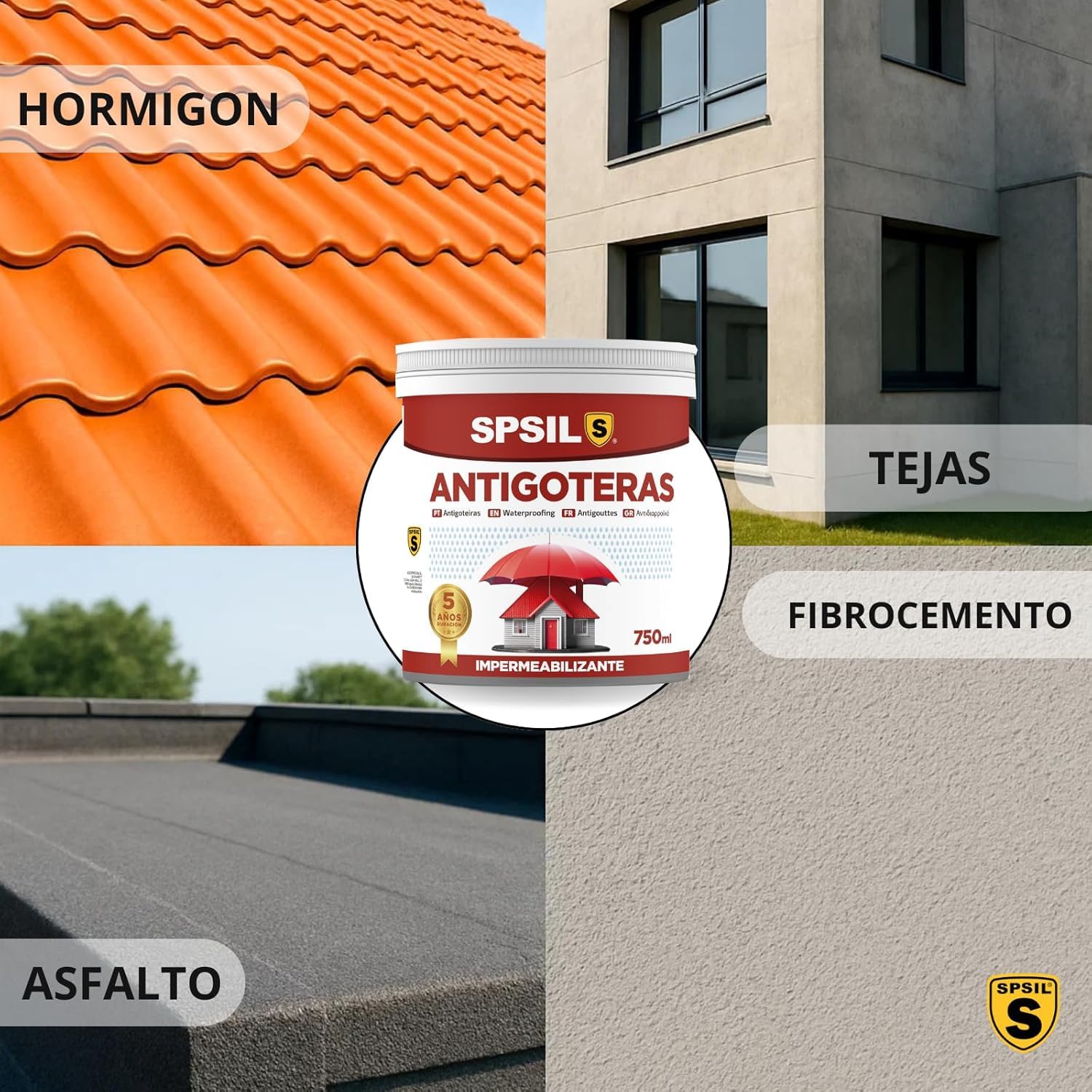 SPSIL Pintura Impermeabilizante Blanca 750 ml-Sellador Antihumedad y Antifiltraciones para Tejados, Terrazas, Cubiertas y Fachadas – Secado Rápido 1-2 h-Protección Exterior Duradera hasta 5 Años - 5