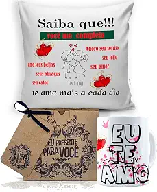 Almofada 40X40 + Caneca Branca Mundo Dos Namorados, Saiba Que Eu Te Amo, Saiba Que!!! Voc� Me Completa, Te Amo Mais a Cada Dia
