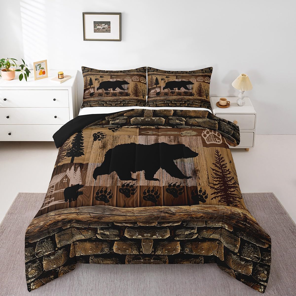 Feelyou Cute Bear Bedding Set - Twin Size Rustic Cabin Country Comforter Set, Paw Wildlife Bear Duvet Set Room Decor Quilt Set
