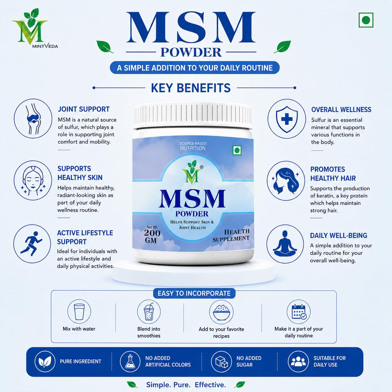 Mint Veda MSM (Methylsulfonylmethane) Powder, 200 Gram, Pack of 1 2