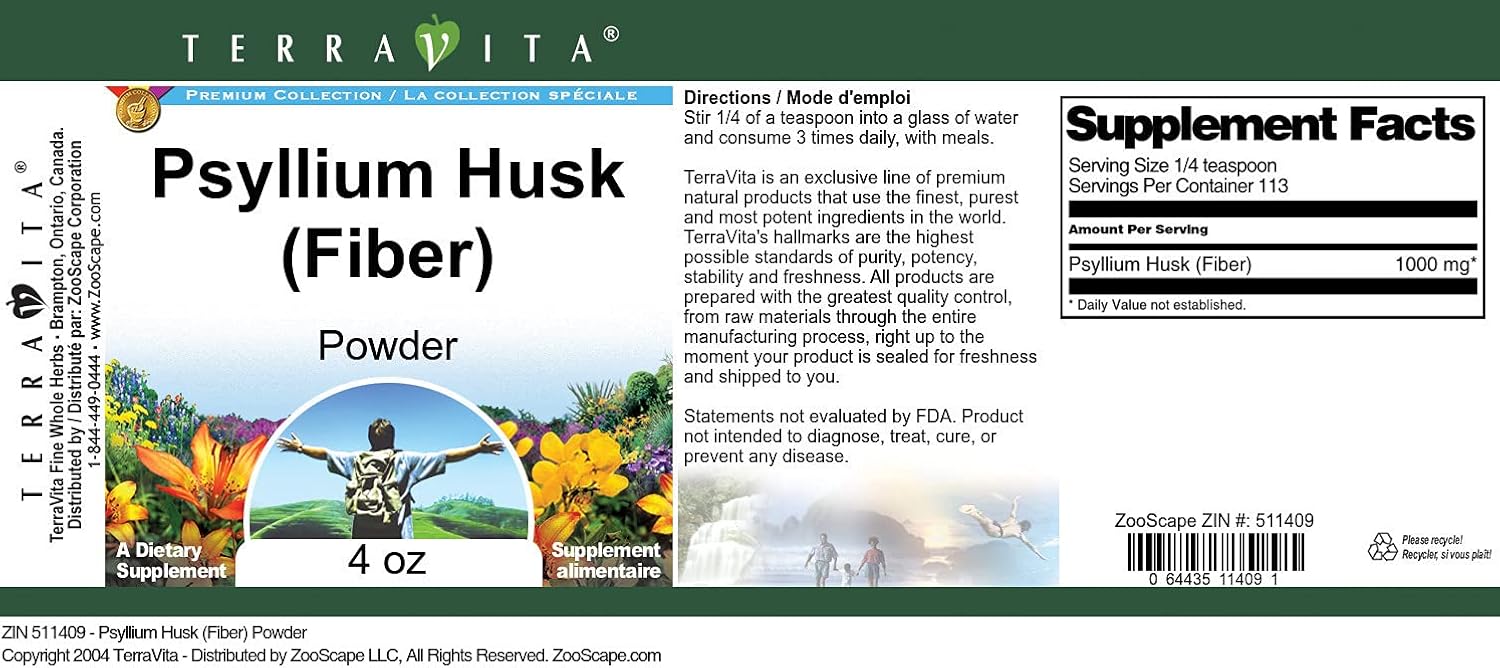 Terravita Psyllium Husk (Fiber) Powder (4 oz, ZIN: 511409) - 3 Pack