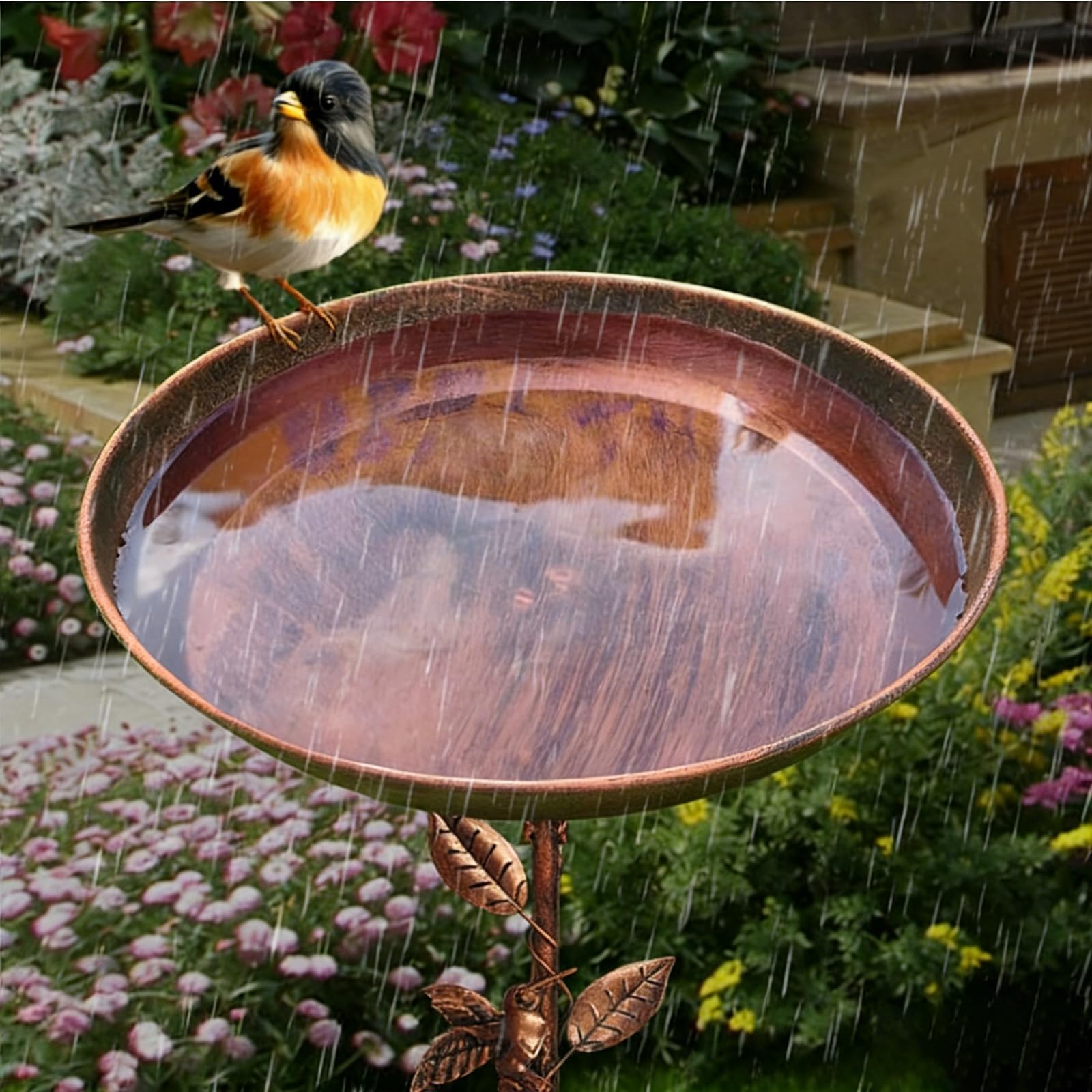 Bain d'oiseaux debout pour oiseaux - Bain d'oiseaux pour le jardin - Bain d'oiseaux avec oiseau et feuille - Base améliorée à 5 dents - En métal - Pour terrasse, cour, décoration de pelouse