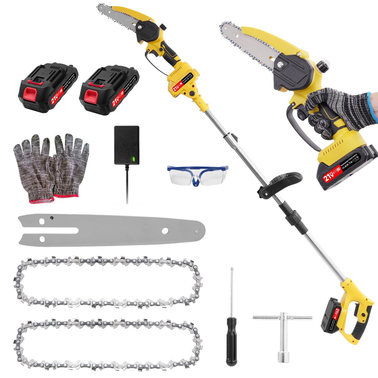 21V Akku Teleskop Hochentaster, 6 Zoll Hochentaster Akku Elektrisch,2-in-1 Teleskop Astsäge Astschere mit 2 x 2000mAh, Handkettensäge für Gartenscheren Astschere Holzschneidenz