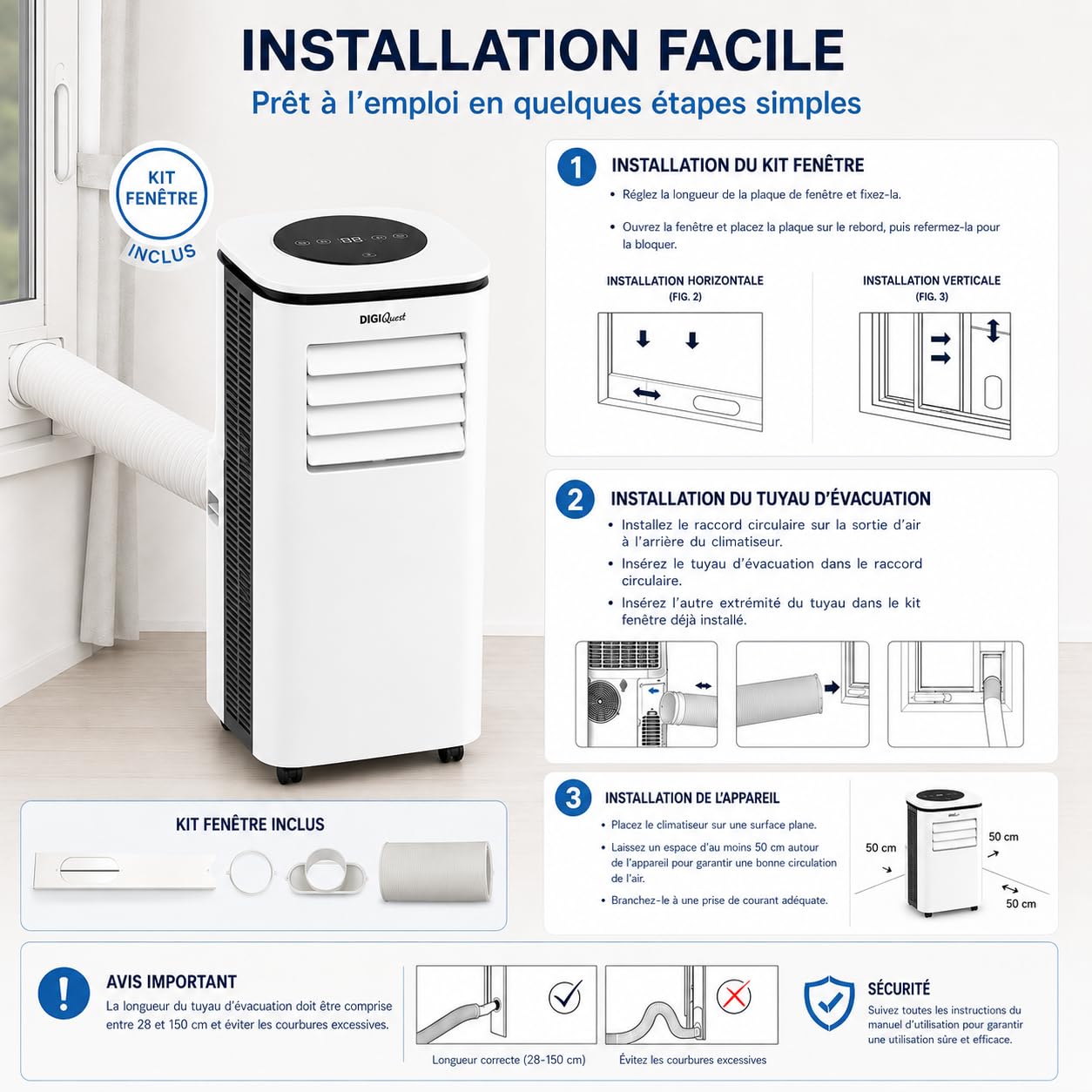 DIGIQUEST Climatizzatore portatile COMODO 9000BTU | 4 in 1: freddo, caldo, umidificatore e ventilatore (2.6kW e 2.0 kW) | 24h Timer | Modalità Notte | Salvaspazio [Classe energetica A]