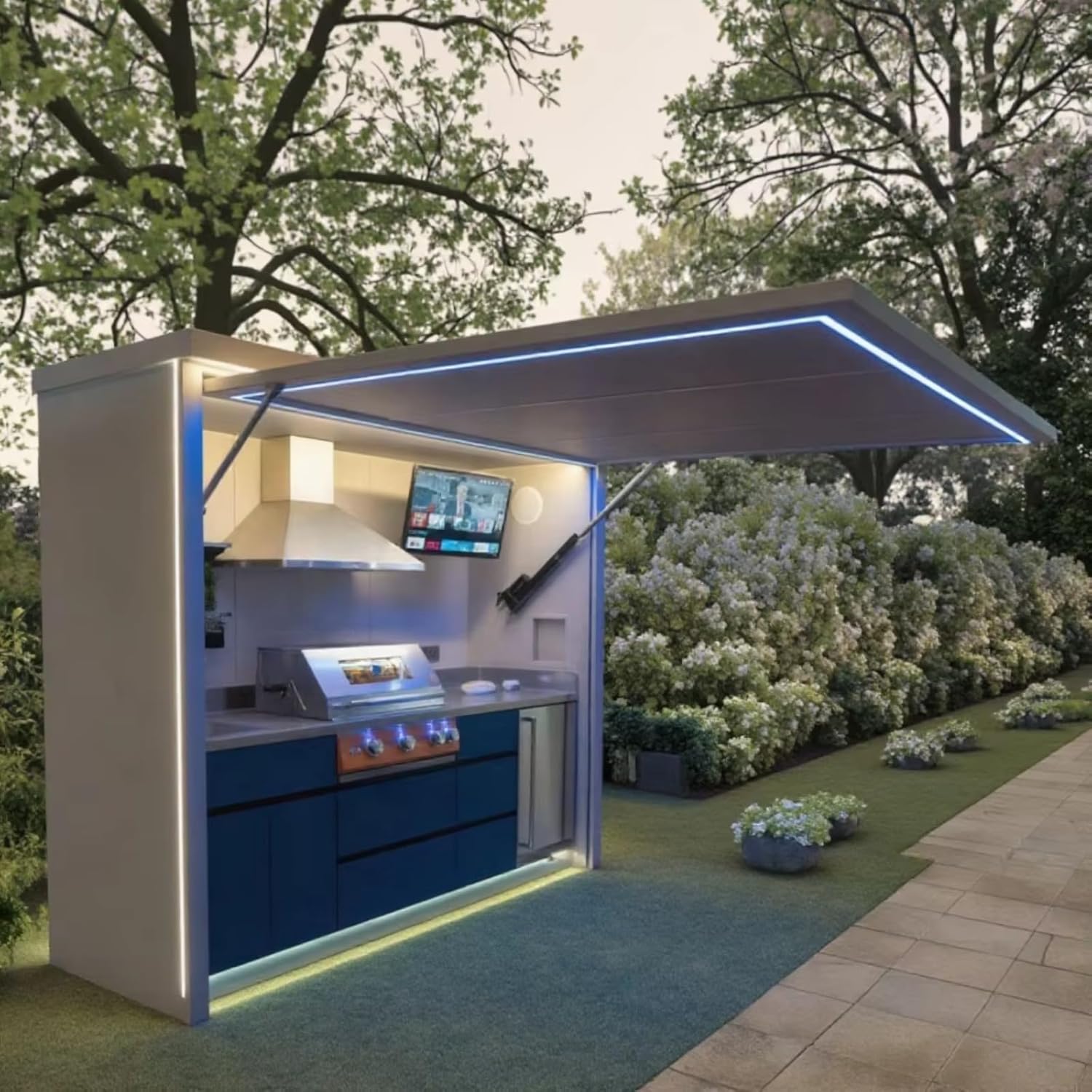 Mobile Outdoor Kitchen Pod with Grills Sinks Oven and Refrigerator, Custom Cabinets Outdoor Kitchen Island for BBQ Garden Patio Party