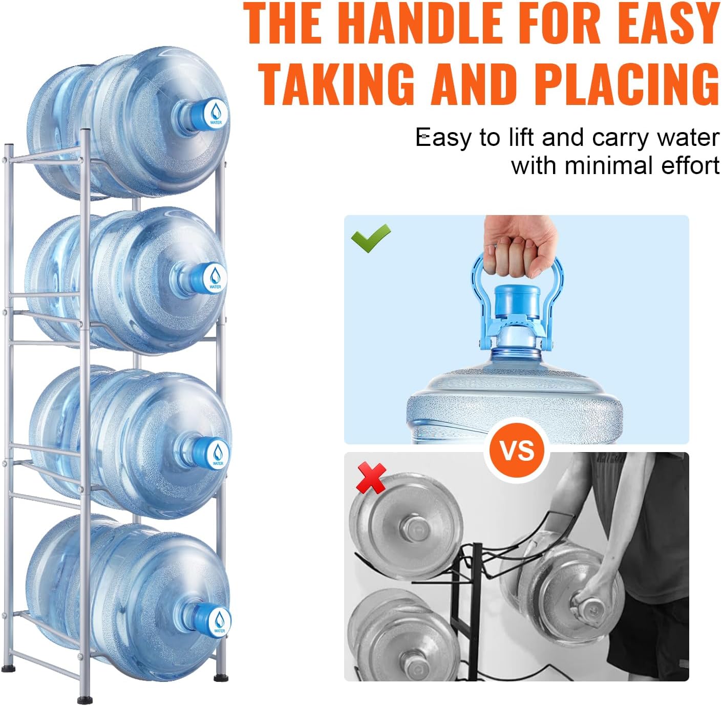 VEVOR 4 Tiers Water Jug Holder, 5 Gallon Water Bottle Holder, Single Row Water Bottle Rack for 4 Bottles, Heavy Duty Water Jug Rack for Kitchen, Office, Living Room, Silver - Image 6