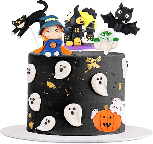 Ercadio Paquete de 6 adornos de resina 3D para tartas de Halloween, castillo de bruja, gato, palillos para tartas de Halloween, calabaza, disponible en Yaxa Peru