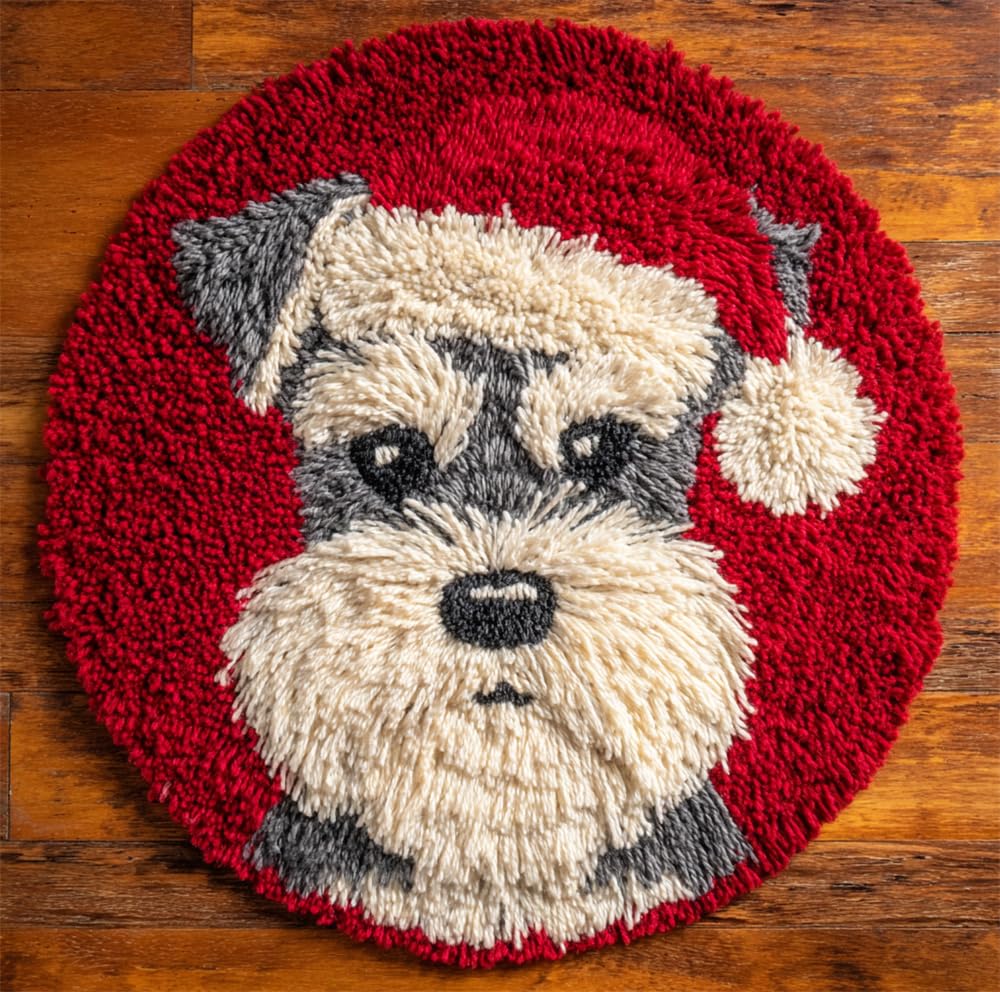 Latch Hook Rug Kit, Diy Rug Making Kit For Adults Kids,Schnauzer Wearing A Santa Hat 20X20Inch (50X50Cm) Pattern Latch Hook Rug Making Kits, Cross Stitch Kit Carpet Making Cushion Needlework