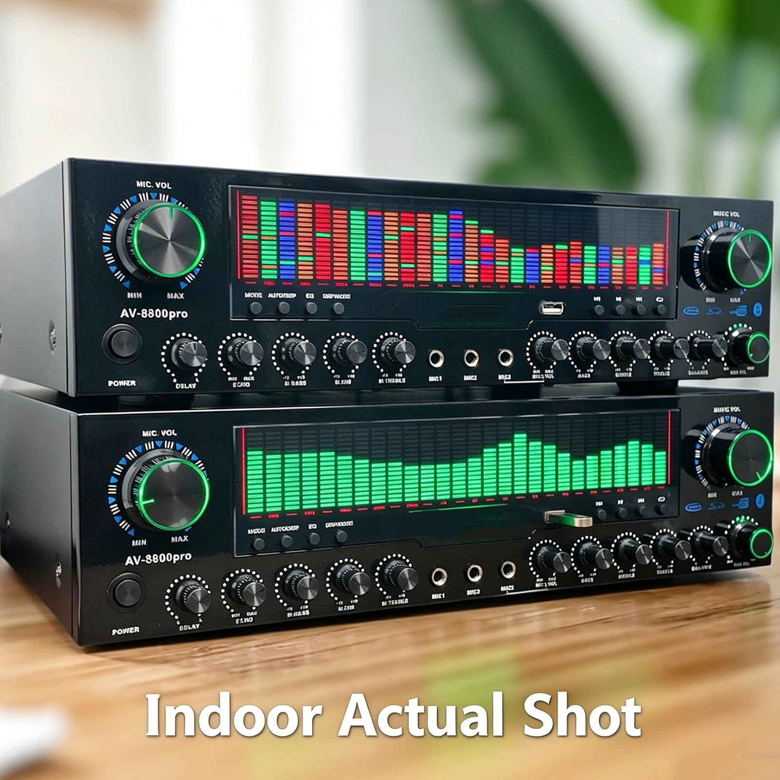 Wzmacniacz Audio Bluetooth 5.1 z korektorem graficznym, dynamicznym kolorowym wyświetlaczem LED, wejściem USB i mikrofonem, idealny do domu, karaoke i scenariusza.