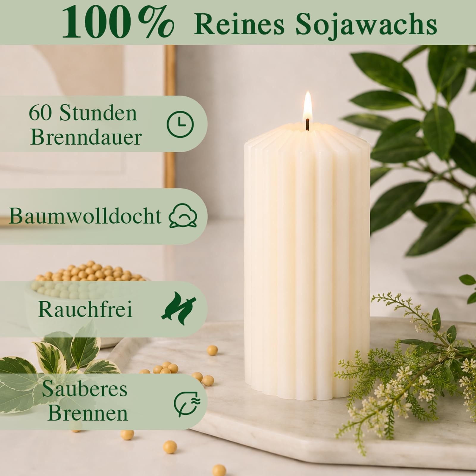 6 velas de cera de soja – 60H de combustión, 100% naturales puras, sin parafina, sin humo, velas de cera de soja acanaladas, adecuadas para decoración del hogar y relajación, 7 x 13 cm