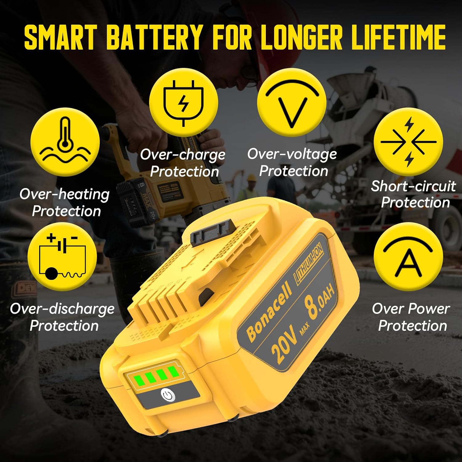 Bonacell 4Packs 20V 8000mAh Replacement for Dewalt 20V Max Battery, Compatible with Dewalt 20 Volt Lithium Battery DCB200 DCB206 DCB207 DCB201 DCB204 Series Power Tools - Image 4