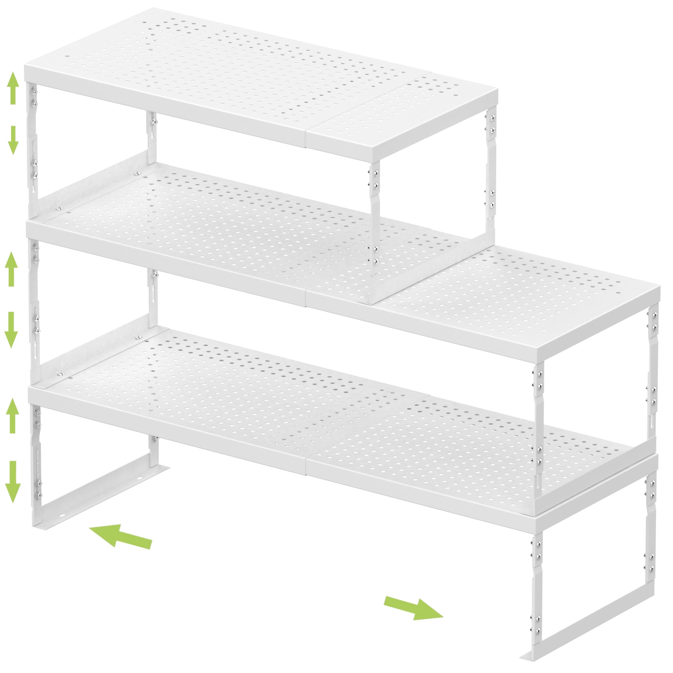 Photo 1 of Jojocross Adjustable Stackable Metal Storage Shelf Organizer - Expandable Wire Rack with Perforations for Kitchen, Pantry, Bathroom, Cabinet & Office-Compact, Durable & Sturdy (3PACKS/Medium/White)