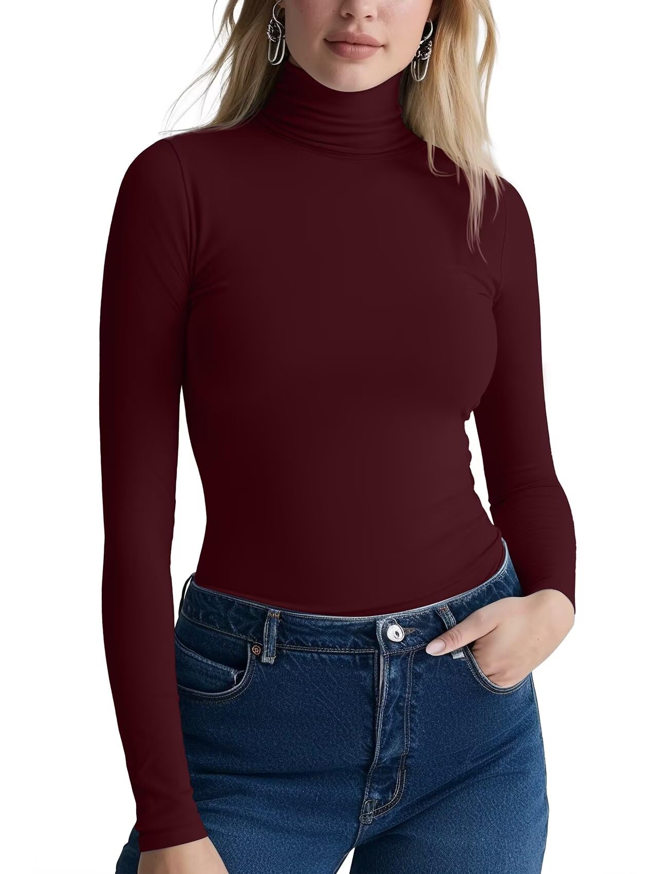 Zengjo Long Sleeve Turtleneck Women Stretch/Short Sleeve Tops Fitted Tee Shirt