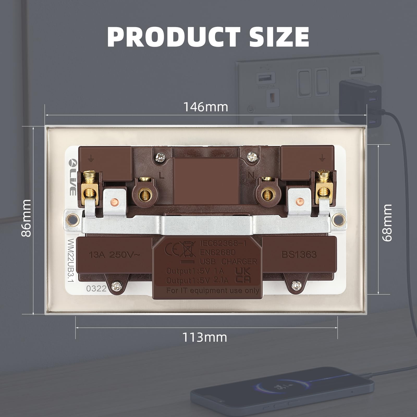 L LVE USB Switched Electric Outlet, Metal Clad 2Gang 13A Wall Socket with 2USB Port,Polished Brass,146mm*86mm - Image 2
