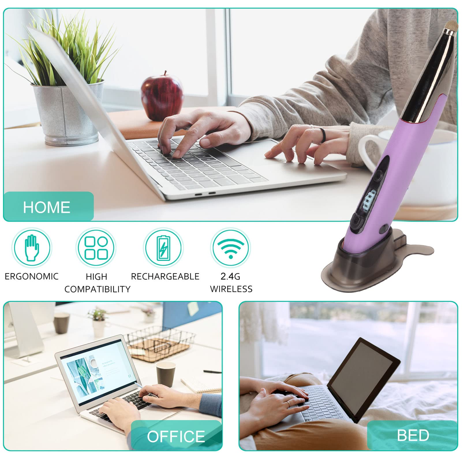 Asixxsix Ratón de Bolsillo óptico Inalámbrico, Bluetooth 2.4G Inalámbrico 2 en 1 Ratón de Lápiz Digital Recargable Luminoso Retroiluminado Ratón Ergonómico Silencioso para PC Computadora(Púrpura)