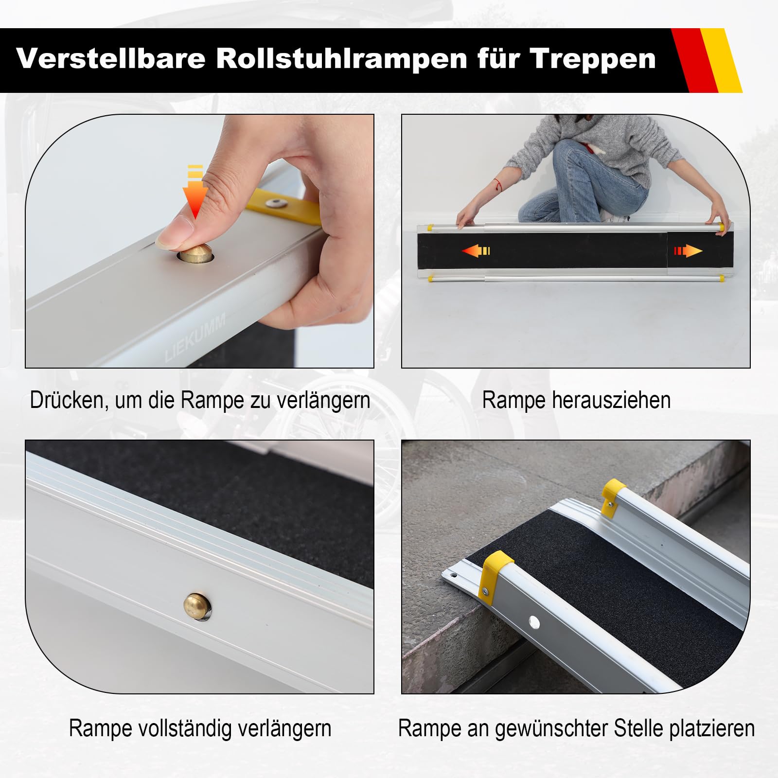 LIEKUMM 2X Teleskop Rollstuhlrampe 105–183 cm, 300 kg Tragkraft | Teleskoprampe für Rollstühle, Scooter, Elektrorollstühle, Türschwellen und Fahrräder, 3-fach verstellbar, mit Tragetasche