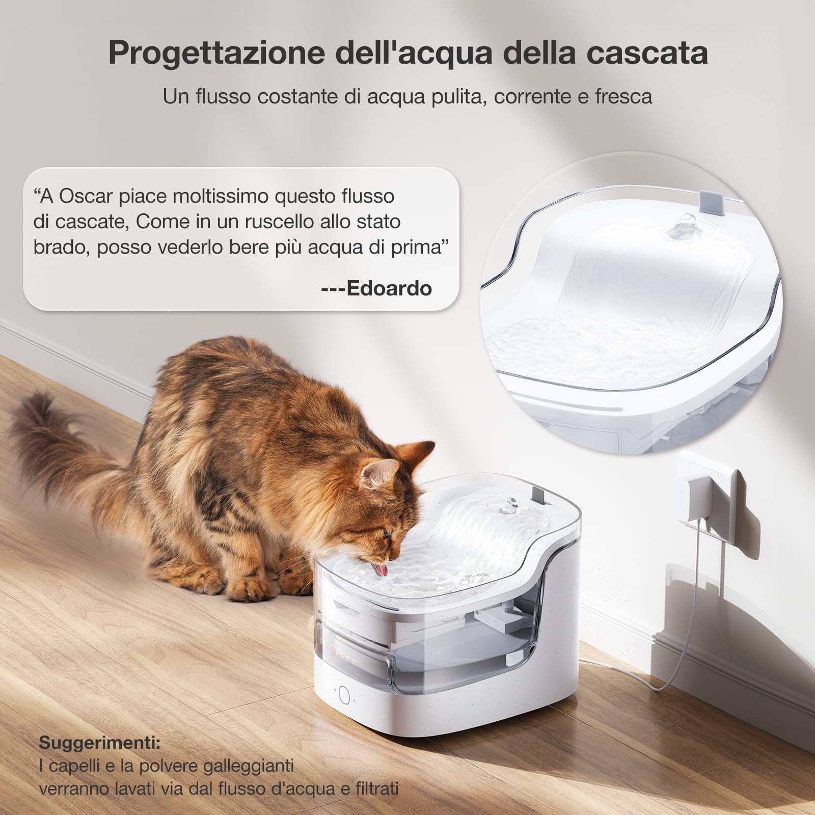 PETGUGU Fontana ad acqua gatto con pompa senza fili, controllata da APP, 20dB ultra silenziosa, 8-filtrazione, 2L fontana ad acqua per gatti, 50 cm rilevatore di movimento, Wi-Fi 2,4 GHz, PF1(marmo)