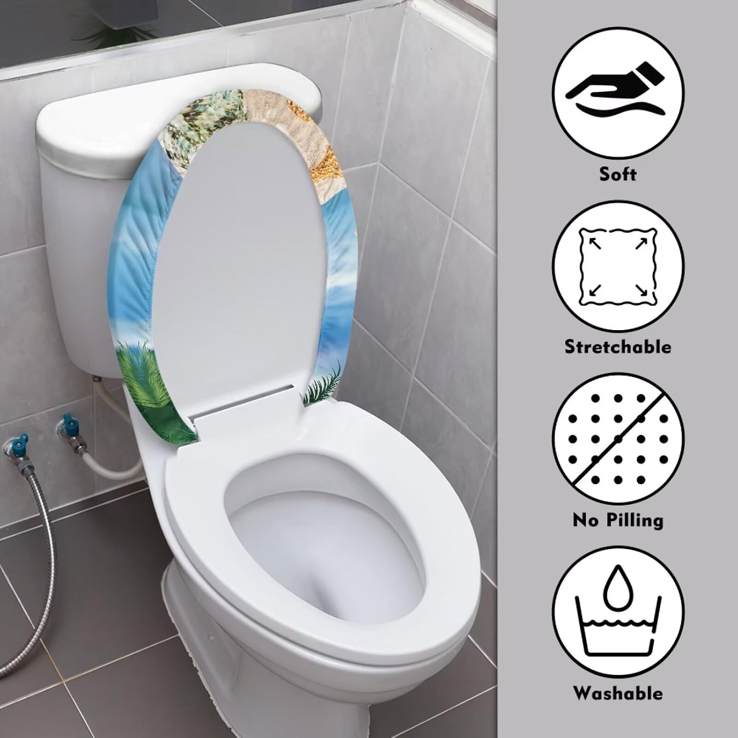 Cozeyat Stretch Toilet Lid Cover Blue Sky Starfish Print Toilet Lid Seat Cover, Travel Toilet Seat Covers Washable, Fits Most Round, Elongated and Oblong Lids image 3