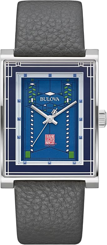 Bulova Frank Lloyd Wright Robie House Stainless Steel 3-Hand mens Quartz Watch, Gray Leather Strap Style 96A287