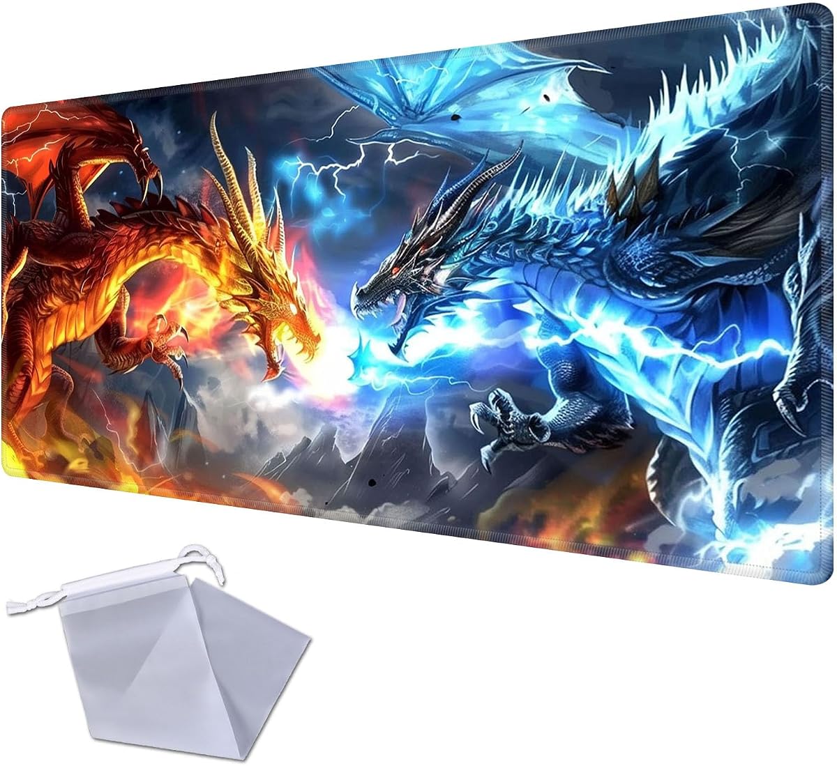 Large Gaming Playmat Compatible with MTG, Seamless Card Game Mat with Stitched Edges, 27.6 x 15.7 in Natural Rubber Desk Pad with Transparent Drawstring Bag, Dragons Gather for Twin Dragon Battle
