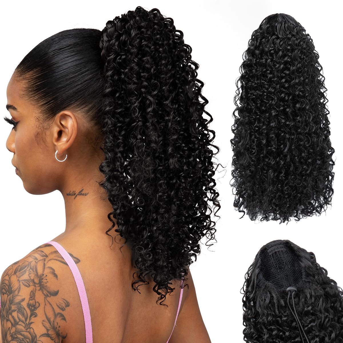 Amazon.com : YUMOREAL Black Curly Drawstring Ponytail Hair  display picture 3